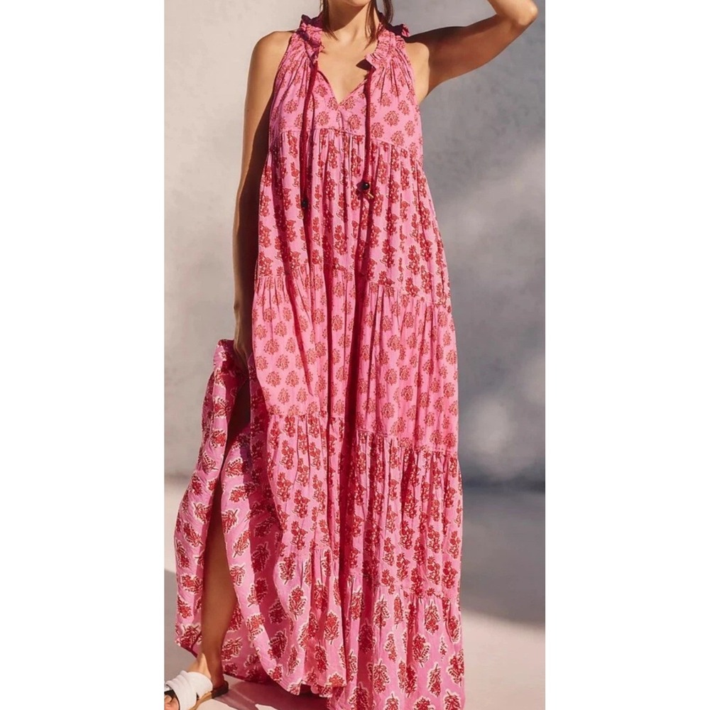 Ros's Garden Sofia Pink Floral Print Maxi‎ Dress Bohemian Sleeveless Tiered XL - Picture 4 of 12
